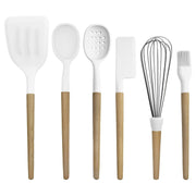 Flat lay of all utensils in the white silicone cooking set