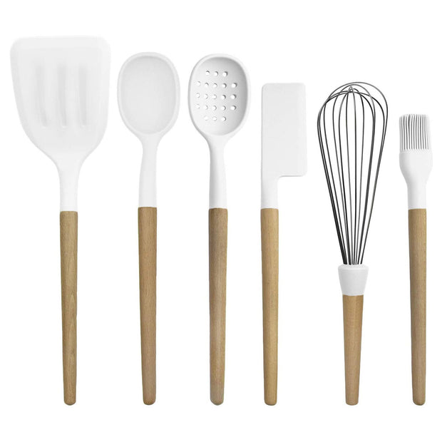 Flat lay of all utensils in the white silicone cooking set