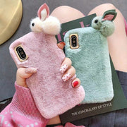 "Pink furry iPhone case with bunny ears for girls"