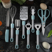 "Cooking essentials including whisk, peeler, grater