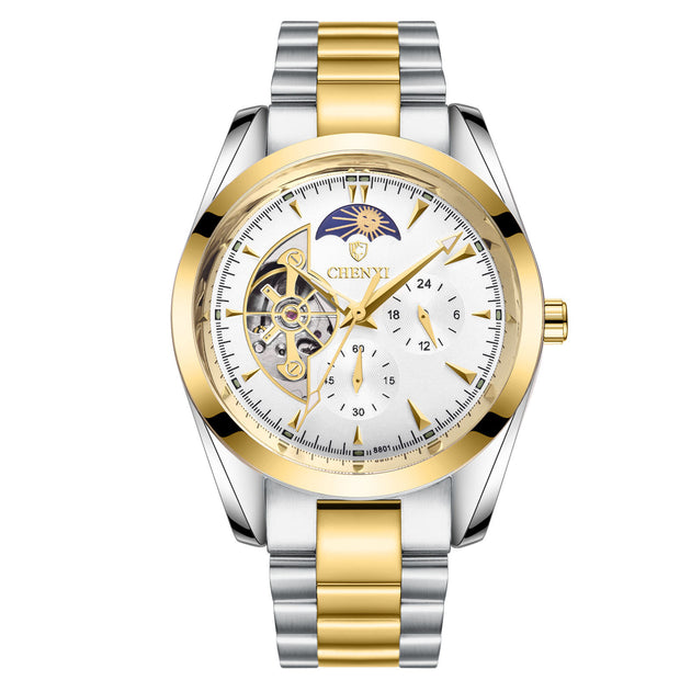 Men’s luxury mechanical business watch with stainless steel strap and automatic skeleton dial
