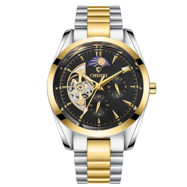 Men’s luxury mechanical business watch with stainless steel strap and automatic skeleton dial
