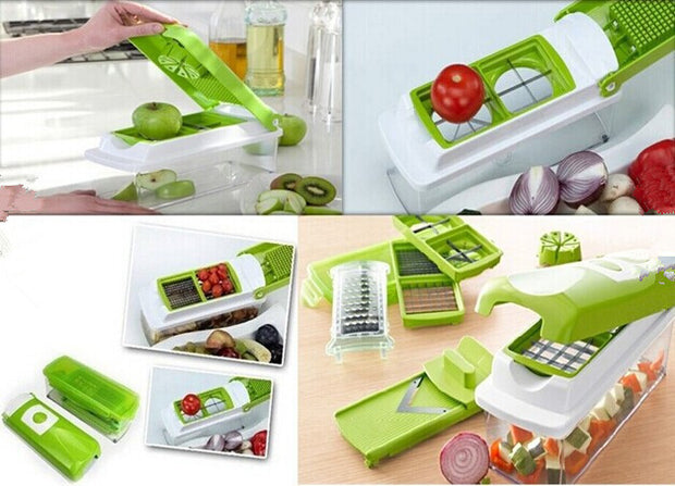 "12-in-1 vegetable chopper and slicer with storage container