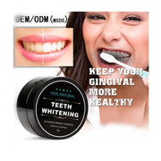> "Charcoal teeth whitening powder jar with natural bamboo toothbrush"