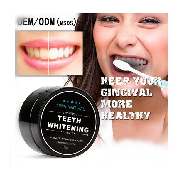 > "Charcoal teeth whitening powder jar with natural bamboo toothbrush"