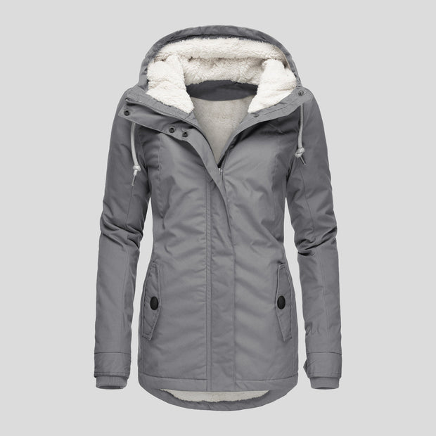 Winter Hooded Fleece Jacket - Women's Solid Color Warm Zip-Up Jacket with Pockets, Casual Outerwear for Cold Weather"
