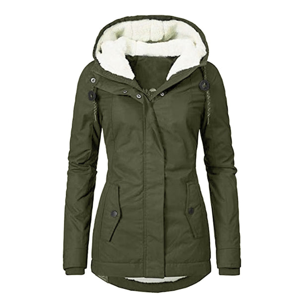 Winter Hooded Fleece Jacket - Women's Solid Color Warm Zip-Up Jacket with Pockets, Casual Outerwear for Cold Weather"