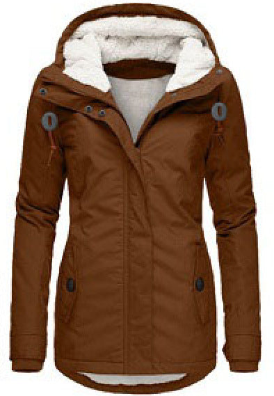 Winter Hooded Fleece Jacket - Women's Solid Color Warm Zip-Up Jacket with Pockets, Casual Outerwear for Cold Weather"