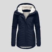 Winter Hooded Fleece Jacket - Women's Solid Color Warm Zip-Up Jacket with Pockets, Casual Outerwear for Cold Weather"