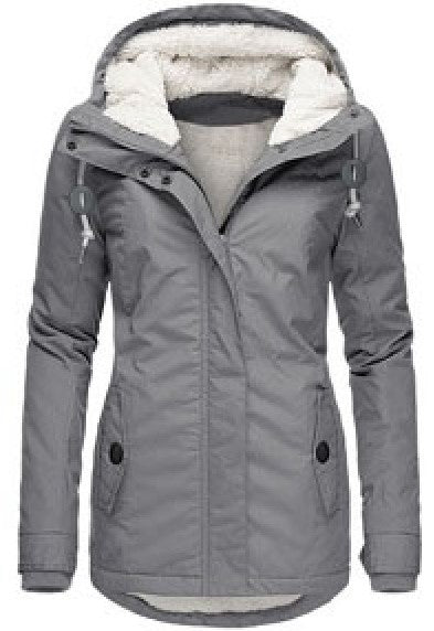 Winter Hooded Fleece Jacket - Women's Solid Color Warm Zip-Up Jacket with Pockets, Casual Outerwear for Cold Weather"