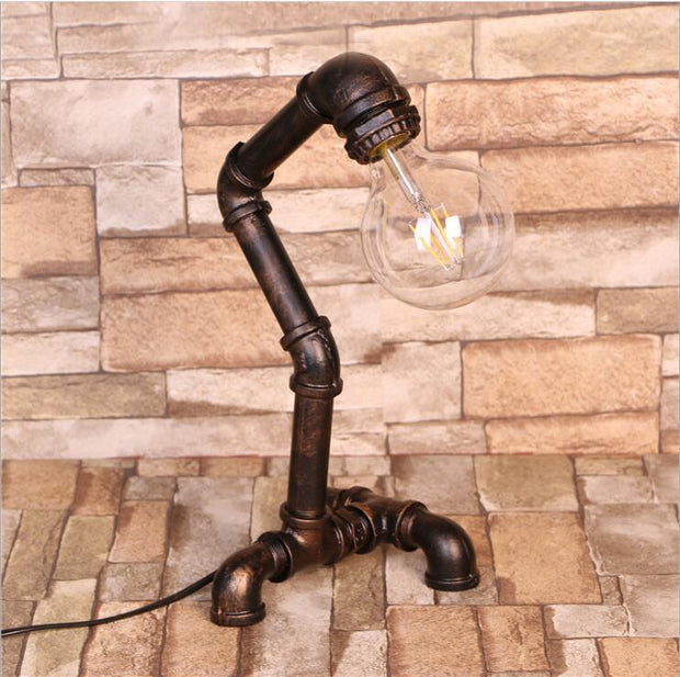 "Retro industrial pipe bedside table lamp with bronze finish – vintage home decor light"