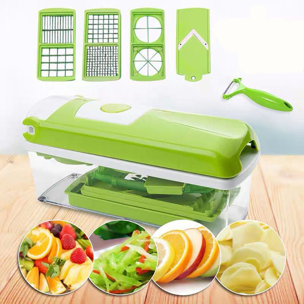 "12-in-1 vegetable chopper and slicer with storage container