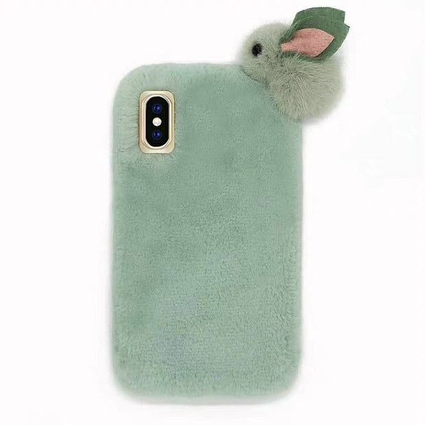 "Green fluffy iPhone cover with cozy texture and ear accents"