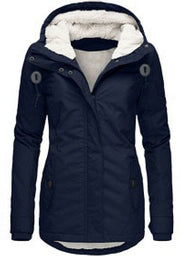 Winter Hooded Fleece Jacket - Women's Solid Color Warm Zip-Up Jacket with Pockets, Casual Outerwear for Cold Weather"