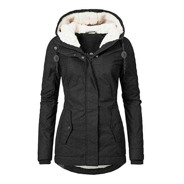 Winter Hooded Fleece Jacket - Women's Solid Color Warm Zip-Up Jacket with Pockets, Casual Outerwear for Cold Weather"