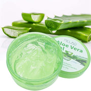 > "Aloe Vera Soothing Gel in green jar with fresh aloe plant"