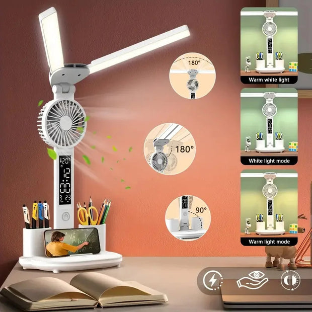 Foldable LED desk lamp with fan and calendar