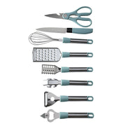 "6-piece stainless steel kitchen tool set flat lay"