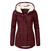 Winter Hooded Fleece Jacket - Women's Solid Color Warm Zip-Up Jacket with Pockets, Casual Outerwear for Cold Weather"