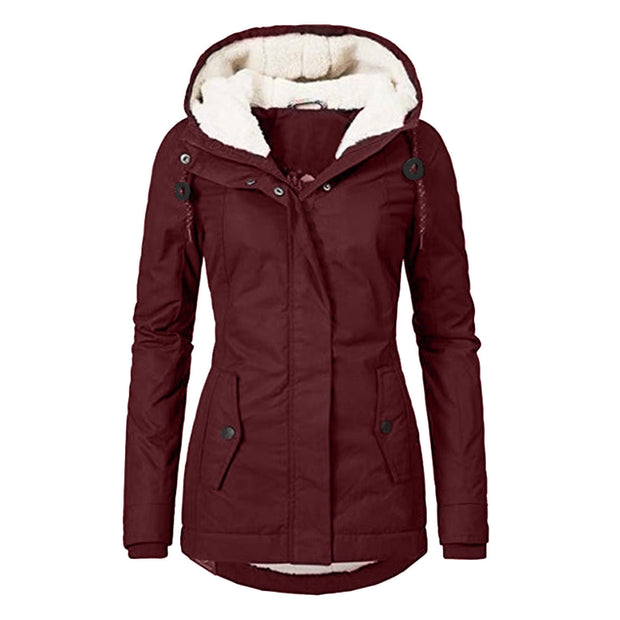 Winter Hooded Fleece Jacket - Women's Solid Color Warm Zip-Up Jacket with Pockets, Casual Outerwear for Cold Weather"