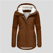 Winter Hooded Fleece Jacket - Women's Solid Color Warm Zip-Up Jacket with Pockets, Casual Outerwear for Cold Weather"