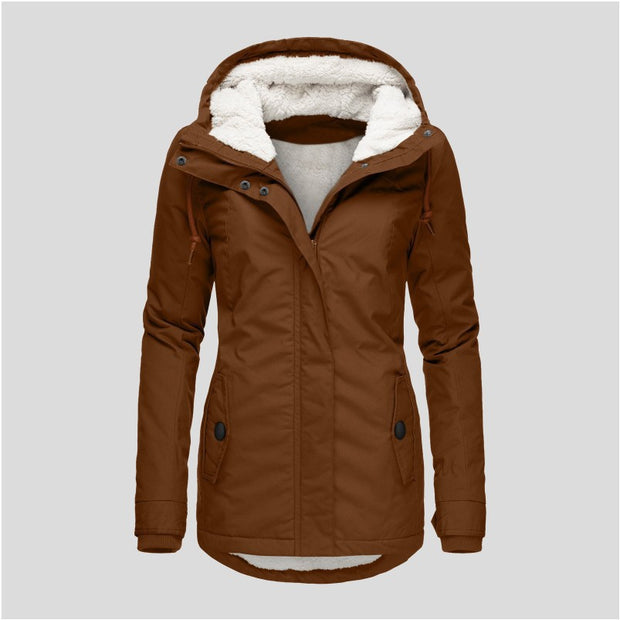 Winter Hooded Fleece Jacket - Women's Solid Color Warm Zip-Up Jacket with Pockets, Casual Outerwear for Cold Weather"