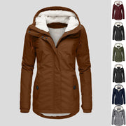 Winter Hooded Fleece Jacket - Women's Solid Color Warm Zip-Up Jacket with Pockets, Casual Outerwear for Cold Weather"