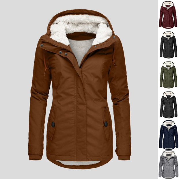Winter Hooded Fleece Jacket - Women's Solid Color Warm Zip-Up Jacket with Pockets, Casual Outerwear for Cold Weather"