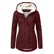 Winter Hooded Fleece Jacket - Women's Solid Color Warm Zip-Up Jacket with Pockets, Casual Outerwear for Cold Weather"