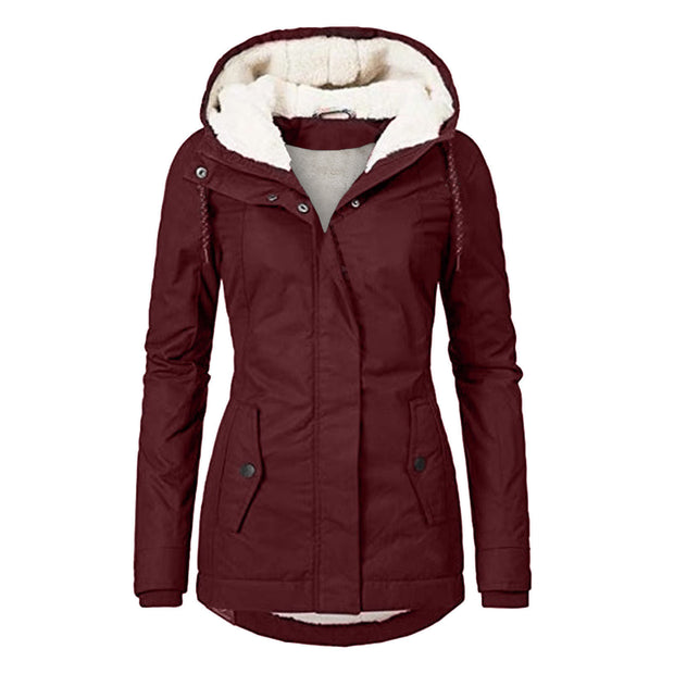 Winter Hooded Fleece Jacket - Women's Solid Color Warm Zip-Up Jacket with Pockets, Casual Outerwear for Cold Weather"