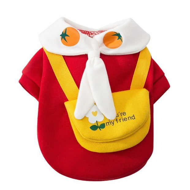 Dog in colorful cartoon outfit