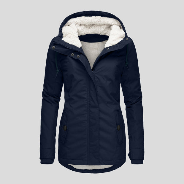 Winter Hooded Fleece Jacket - Women's Solid Color Warm Zip-Up Jacket with Pockets, Casual Outerwear for Cold Weather"