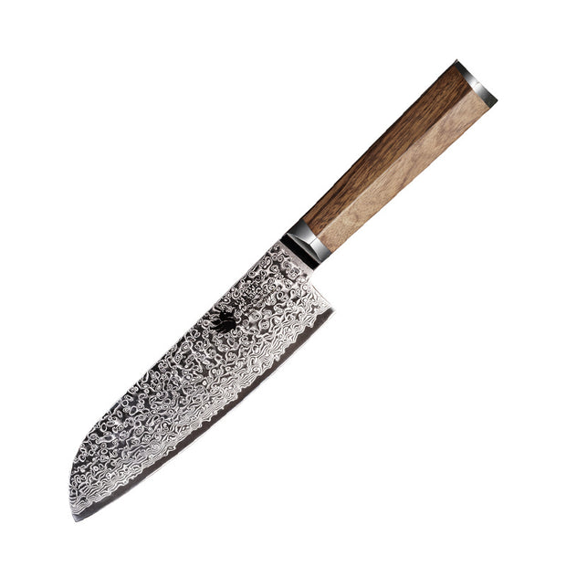 “Close-up of premium Japanese blade with hammered finish”