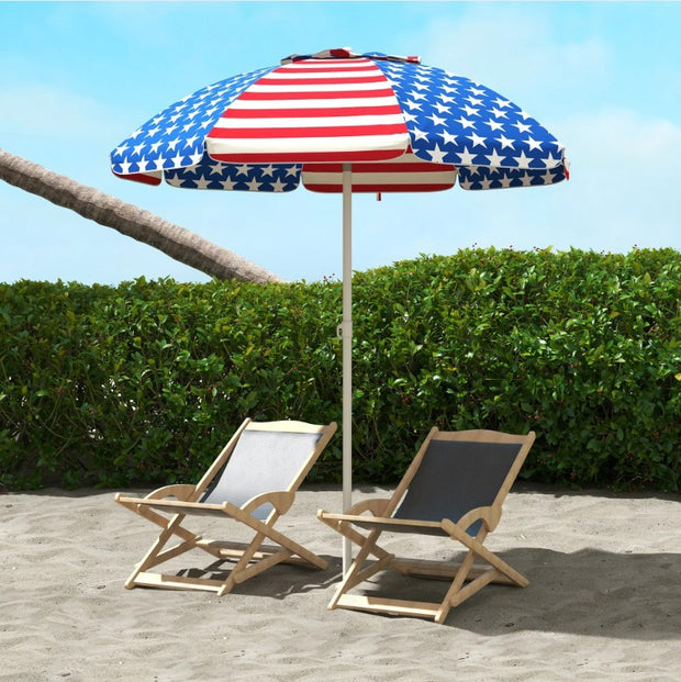 "UV40+ ventilated beach umbrella with American flag design – portable and wind-resistant sunshade"