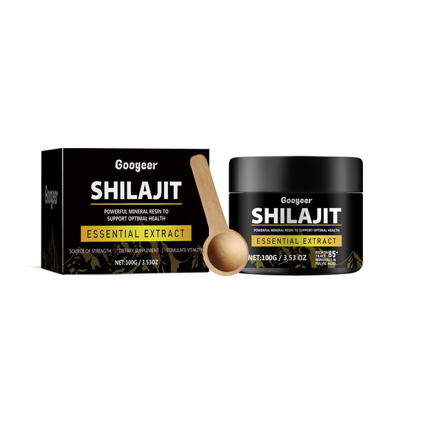 Shilajit resin jar and spoon with product packaging