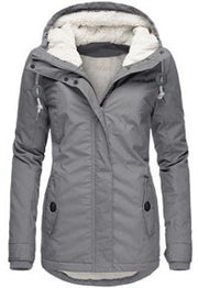 Winter Hooded Fleece Jacket - Women's Solid Color Warm Zip-Up Jacket with Pockets, Casual Outerwear for Cold Weather"