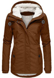 Winter Hooded Fleece Jacket - Women's Solid Color Warm Zip-Up Jacket with Pockets, Casual Outerwear for Cold Weather"