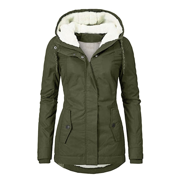 Winter Hooded Fleece Jacket - Women's Solid Color Warm Zip-Up Jacket with Pockets, Casual Outerwear for Cold Weather"